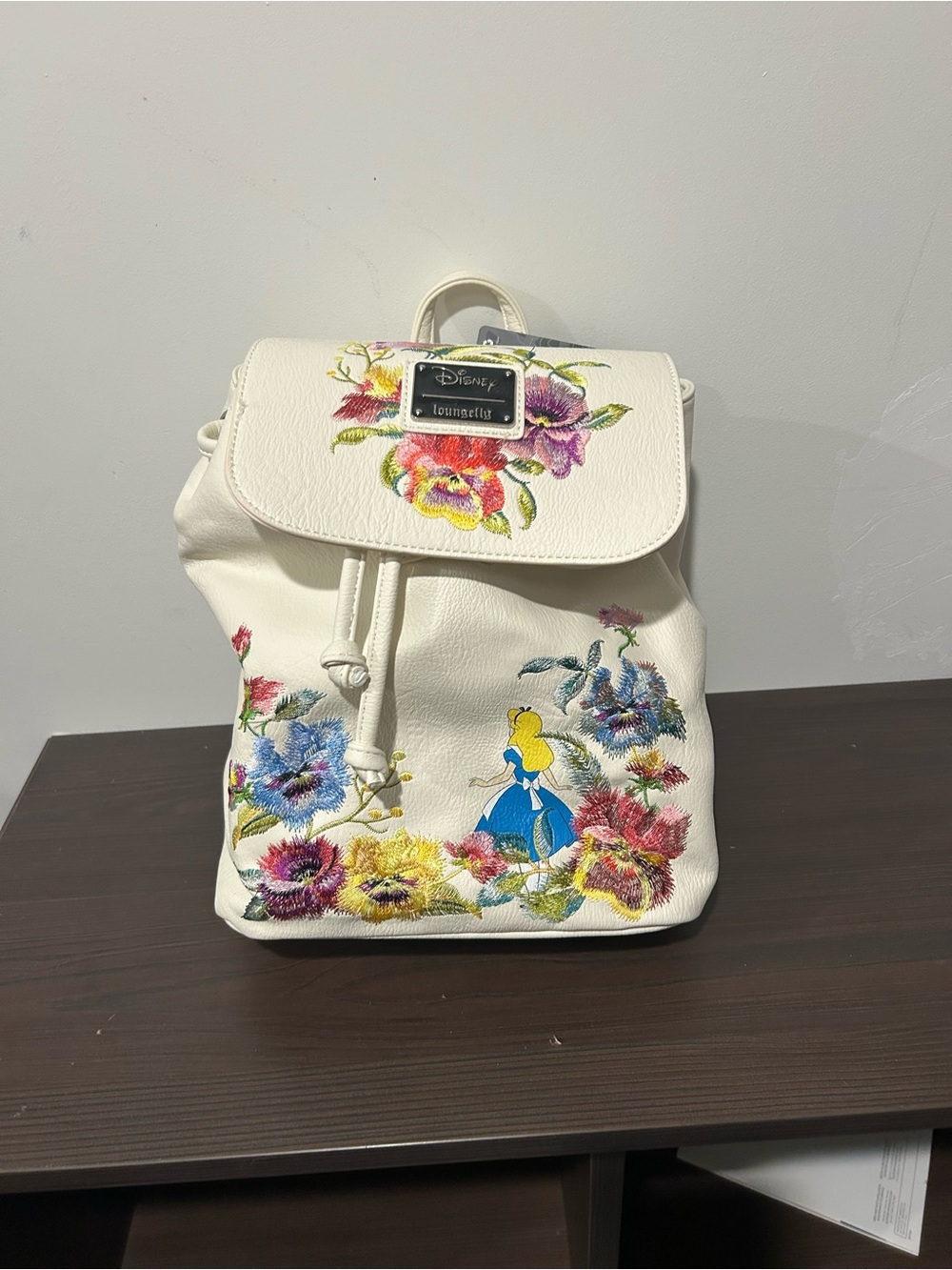 Disney Loungefly  White Alice Floral Embroidered Mini Backpack